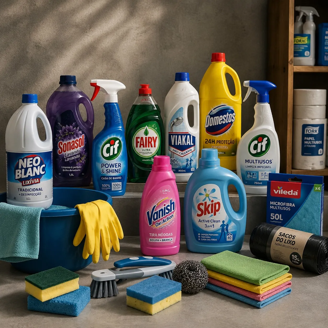 Produtos de limpeza doméstica e industrial, incluindo detergentes e acessórios