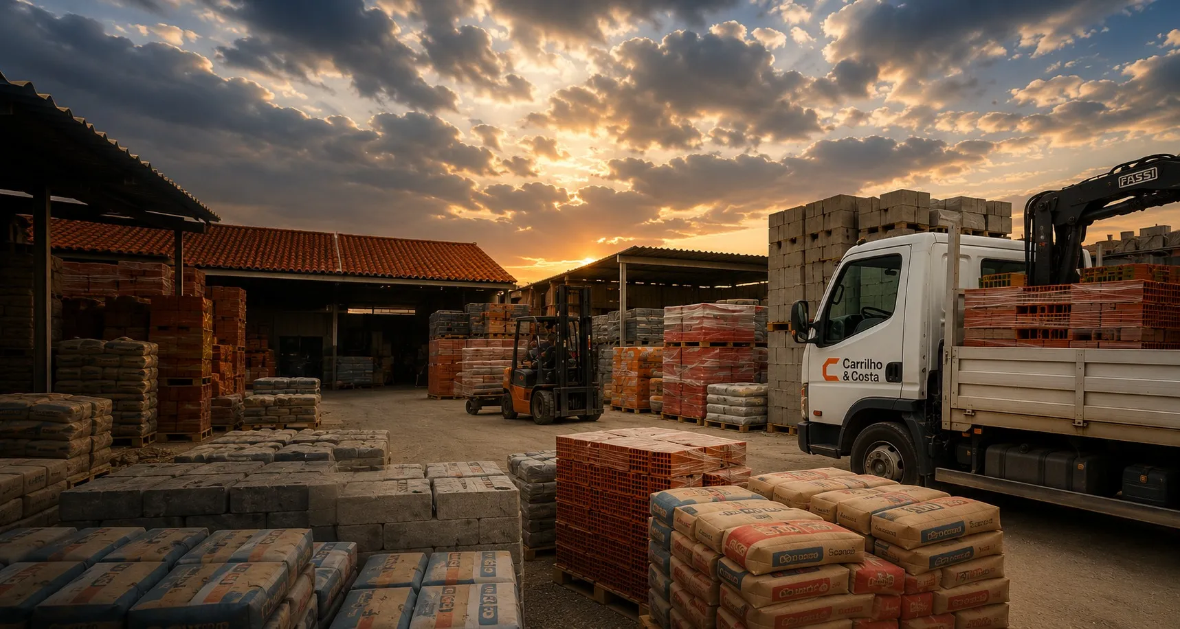 Entrega de materiais de construção em obra, com imagem do camião Carrilho & Costa