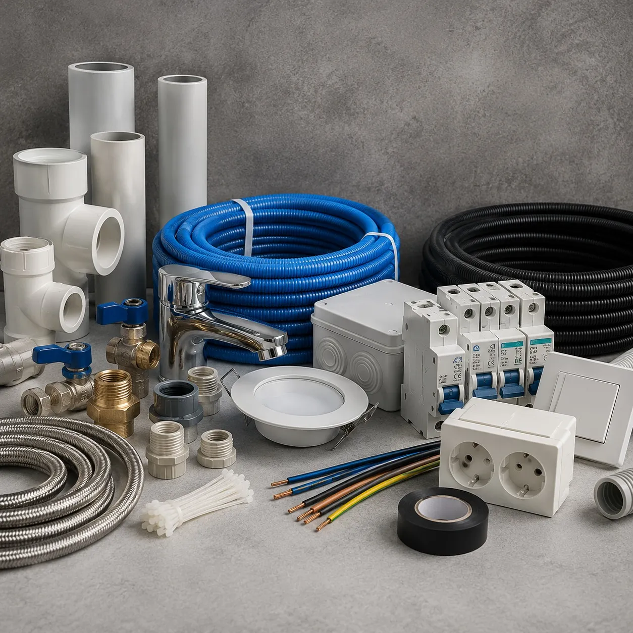 Material de canalização e eletricidade, como tubos, torneiras e acessórios
